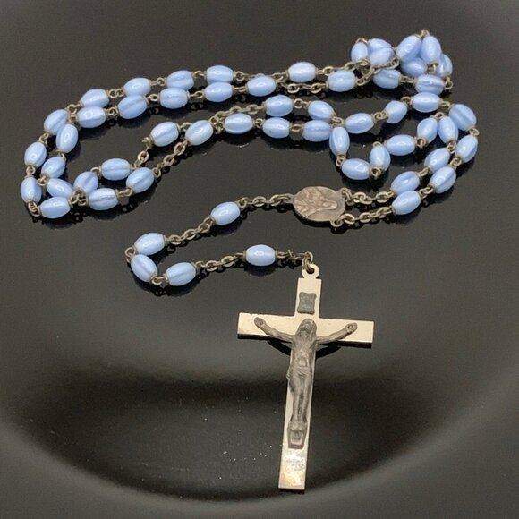 Rosary Vintage Blue Glass Catholic Rosary Crucifix Mary Jesus - Picture 1 of 6